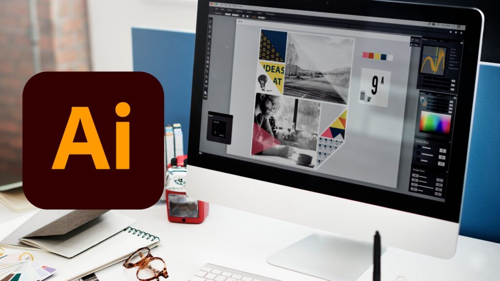 Ordinateur sur le logiciel Adobe Illustrator pour illustrer la formation : Illustrator, maitrisez le vectoriel pour la création digitale et la PAO