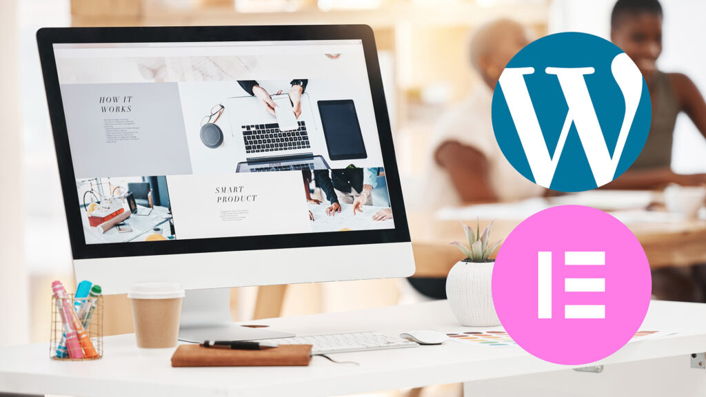 Ordinateur avec un site web et le logo de Wordpress et d'Elementor pour représenter la formation : Créer son site Internet Wordpress de A à Z