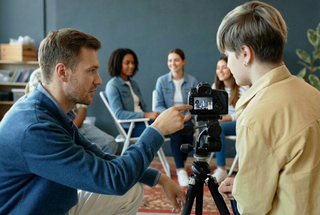 Formateur accompagnant des participants lors d’un atelier vidéo pour apprendre à filmer et cadrer avec du matériel simple.