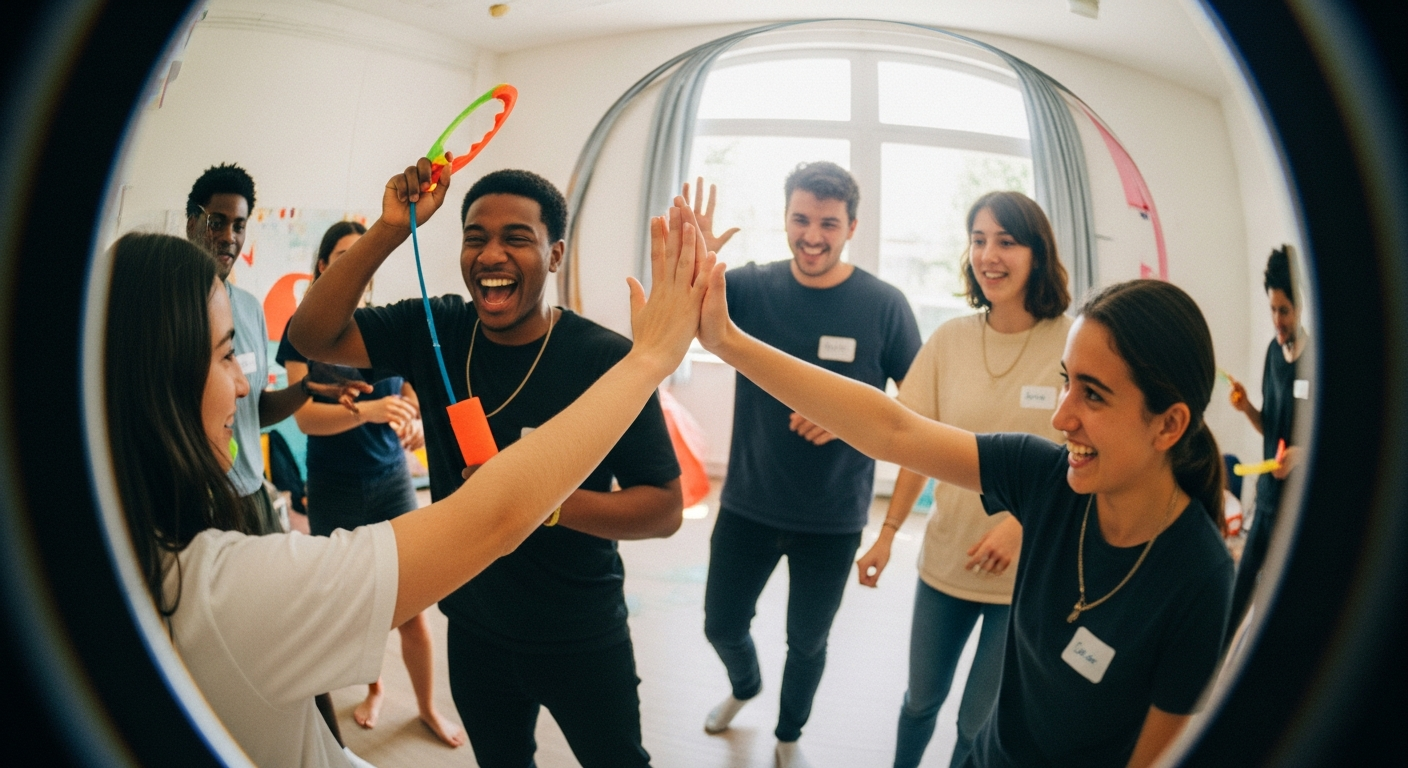 Groupe de jeunes adultes réalisant une activité ludique et collective lors d’un atelier vidéo animé par des professionnels de l’éducation populaire.